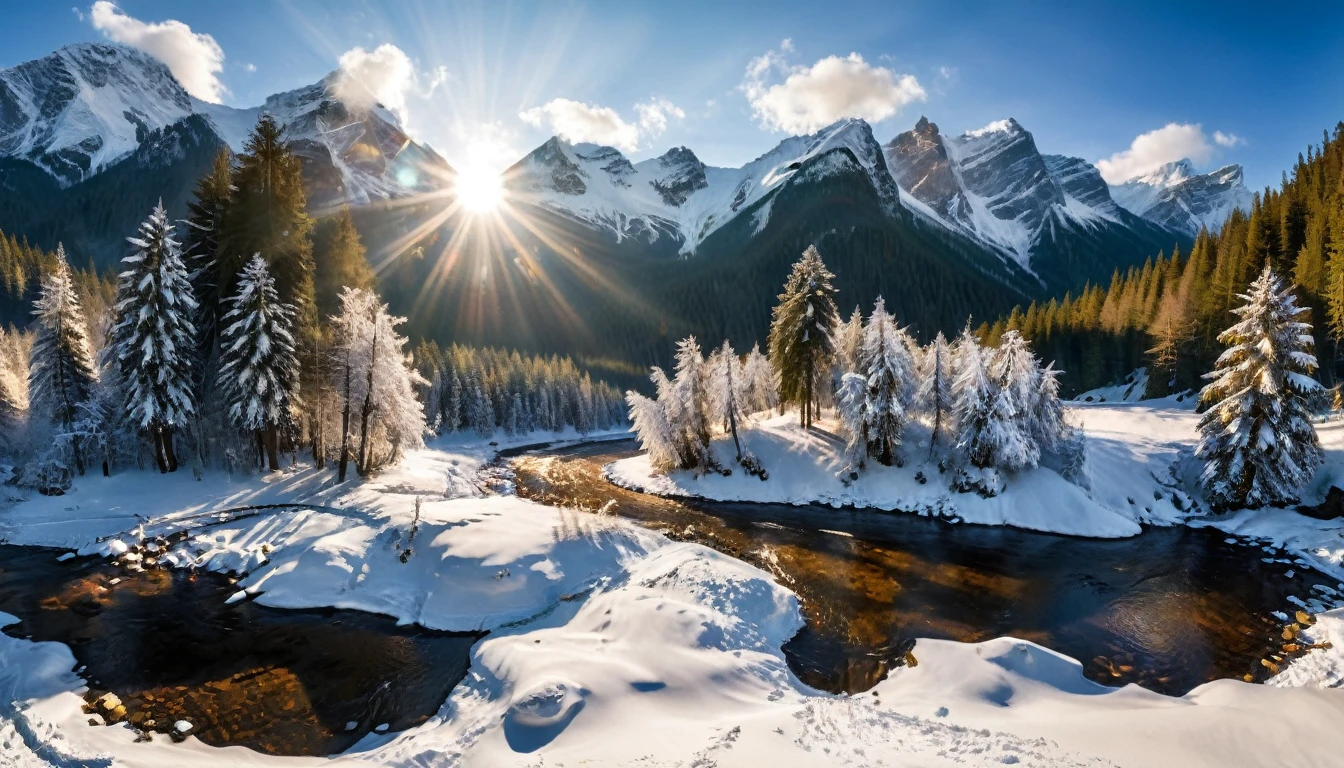 a National Geographic nature shot of a snowy mountain, the sun rises, the transition between night and day, the snow forest mountain range, the forest in the mountains, there pine trees, snow, a river flows between the mountains, the forest is reflected in rays of sunset in river, divine rays, some clouds, sun rays,  (highest quality:1.2, Very detailed, up to date, Vibrant, Ultra-high resolution, High Contrast, masterpiece:1.2, highest quality, Best aesthetics), best details, best quality, highres, ultra wide angle, 16k, [ultra detailed], masterpiece, best quality, (extremely detailed: 1.5), aetherpunkai, Cinematic Hollywood Film style