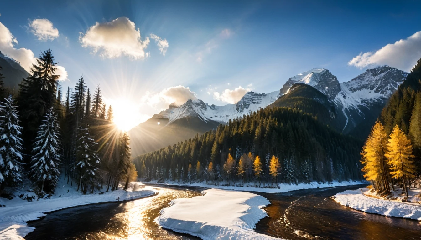 a National Geographic nature shot of a snowy mountain, the sun rises, the transition between night and day, the snow forest mountain range, the forest in the mountains, there pine trees, snow, a river flows between the mountains, the forest is reflected in rays of sunset in river, divine rays, some clouds, sun rays,  (highest quality:1.2, Very detailed, up to date, Vibrant, Ultra-high resolution, High Contrast, masterpiece:1.2, highest quality, Best aesthetics), best details, best quality, highres, ultra wide angle, 16k, [ultra detailed], masterpiece, best quality, (extremely detailed: 1.5), aetherpunkai, Cinematic Hollywood Film style