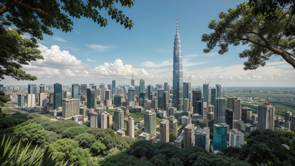 daytime skyline of a big city, with a lot tall buildings, very green city with a lot of trees and parks, muuch like kuala lumpur, ocean view, skyscrapers, bayside