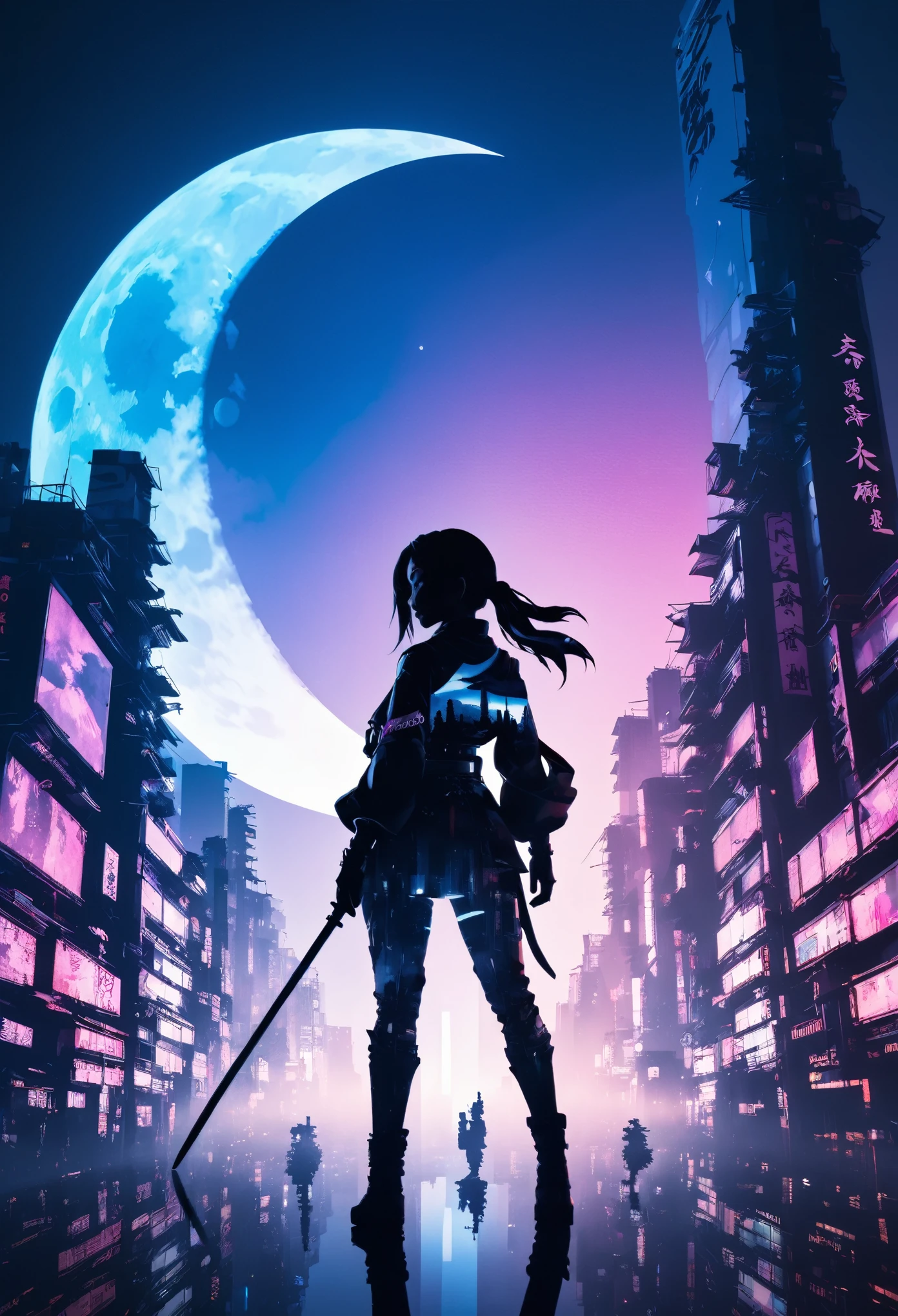  mate piece, silhouette, Kunoichi, logo, monotony, moon, double exposure, cyberpunk city, depth of field, (holographic glow effect), from below, low angle shot, masterpiece,