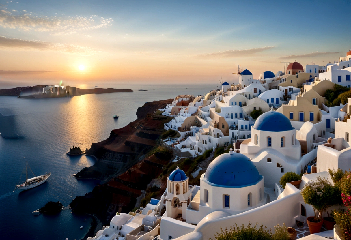 (Sunrise Time), Santorini Island, Greece, The white cottage and blue roofed church shine brightly in the sunrise, and the romantic atmosphere of the Mediterranean fills one's face, (panoramic view), Photography, award-winning, cinematic still, emotional, vignette, dynamic, vivid, (masterpiece, best quality, Professional, perfect composition, very aesthetic, absurdres, ultra-detailed, intricate details:1.3)