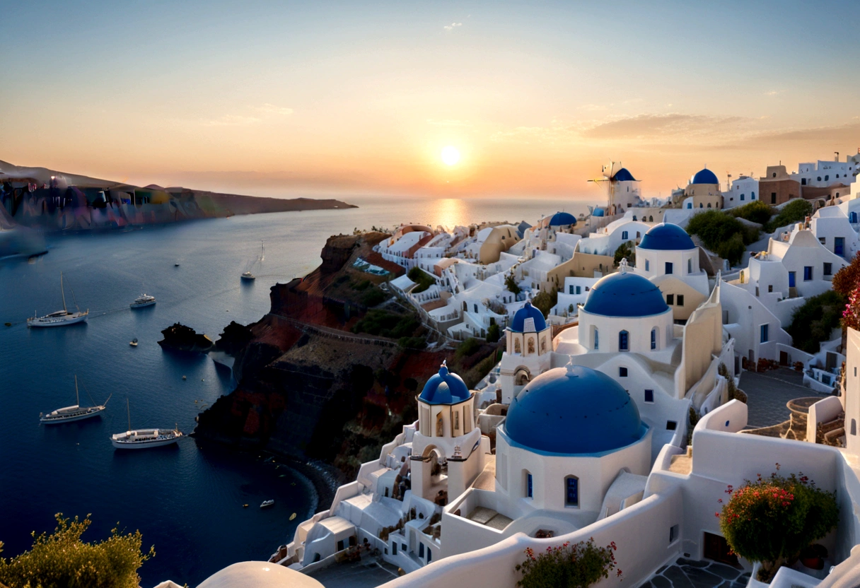(Sunrise Time), Santorini Island, Greece, The white cottage and blue roofed church shine brightly in the sunrise, and the romantic atmosphere of the Mediterranean fills one's face, (panoramic view), Photography, award-winning, cinematic still, emotional, vignette, dynamic, vivid, (masterpiece, best quality, Professional, perfect composition, very aesthetic, absurdres, ultra-detailed, intricate details:1.3)