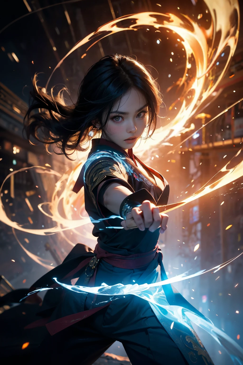 Create a science fiction masterpiece in ultra HD and 32k resolution. Illustrate a beautiful Chinese girl with sharp eyes and clear facial features, dressed in a traditional Hanfu. She is depicted in a combat stance, performing martial arts movements. Her body is enveloped in a mystical purple mist with glowing runes floating around her. The scene is set in a holographic reality, featuring a holographic halo around her. Use motion blur and game light effects to enhance the dynamic action. Incorporate edge light, soft light, movie edge light, and delicate light to create an epic and cinematic composition. The image should be super detailed, high quality, and the highest quality possible, representing a truly epic and visually stunning piece.