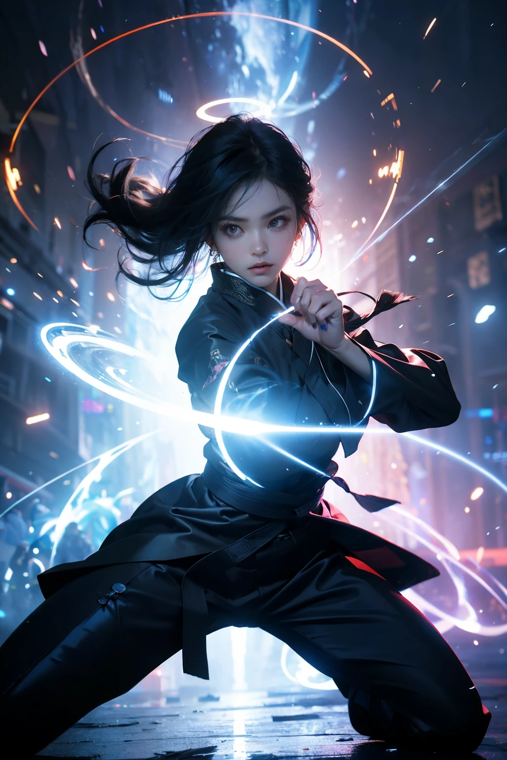 Create a science fiction masterpiece in ultra HD and 32k resolution. Illustrate a beautiful Chinese girl with sharp eyes and clear facial features, dressed in a traditional Hanfu. She is depicted in a combat stance, performing martial arts movements. Her body is enveloped in a mystical purple mist with glowing runes floating around her. The scene is set in a holographic reality, featuring a holographic halo around her. Use motion blur and game light effects to enhance the dynamic action. Incorporate edge light, soft light, movie edge light, and delicate light to create an epic and cinematic composition. The image should be super detailed, high quality, and the highest quality possible, representing a truly epic and visually stunning piece.