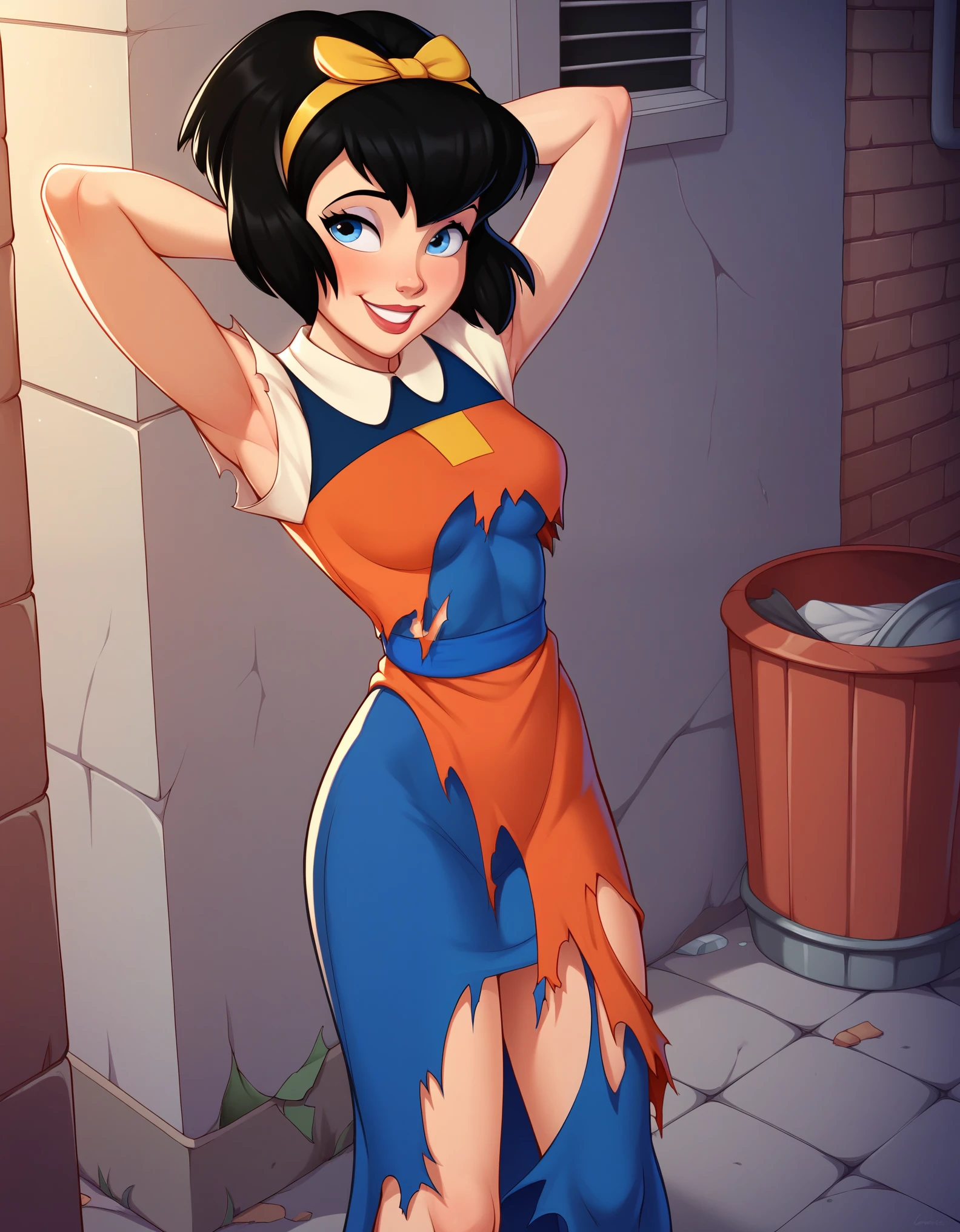 rating_explicit, score_9, score_8, score_7, BREAK, female, anne-marie, black hair, hairband, blue eyes, hands behind head, smile, outdoors, back alley, trash can, dress, torn dress, ripped dress