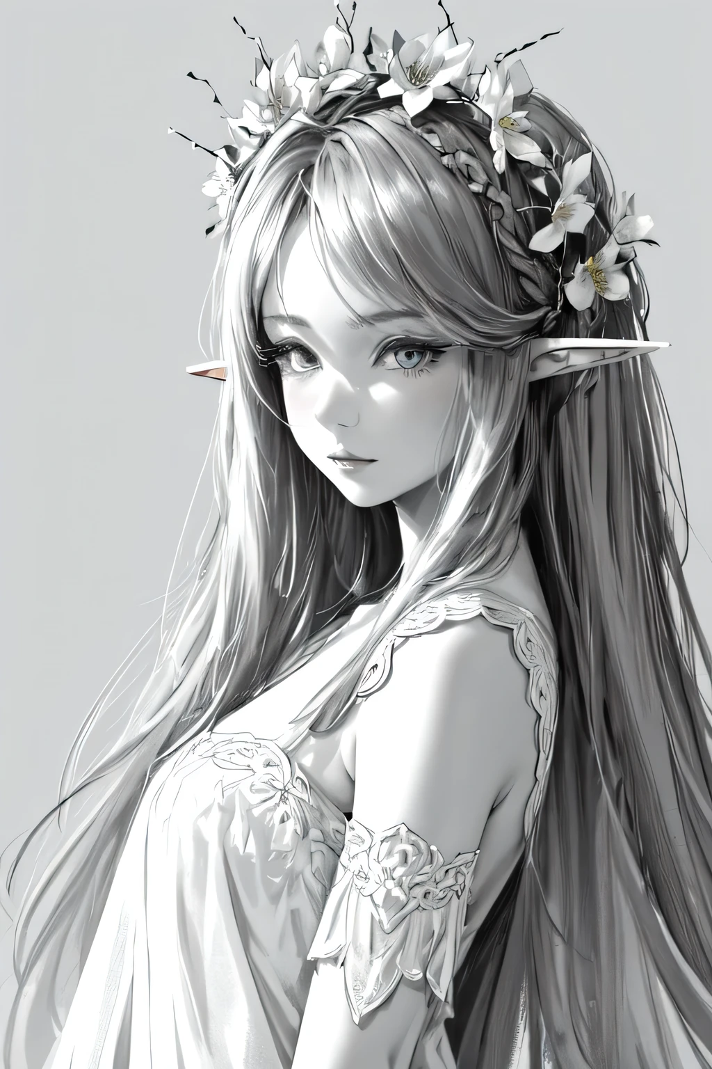 beautiful elf, flower crown, pale dress, no shadow, no color, gray scale, white background, black and white, crips black line, sharp line, coloring book page simple and clean line art
