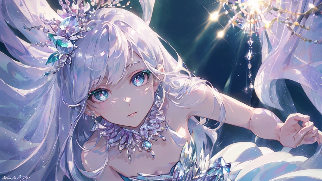masterpiece, highest quality, figure, alexandrite eyes and hair, platinum earrings, Platinum Necklace, white dress, The Little Mermaid, cute, (dynamic lighting:1.2), cinematic lighting, delicate features, fine eyes, sharp pupils, realistic student, Depth of bounds written, Bokeh, sharp focus, (very detailed, bloom, shine:1.4), Many Small Gems
