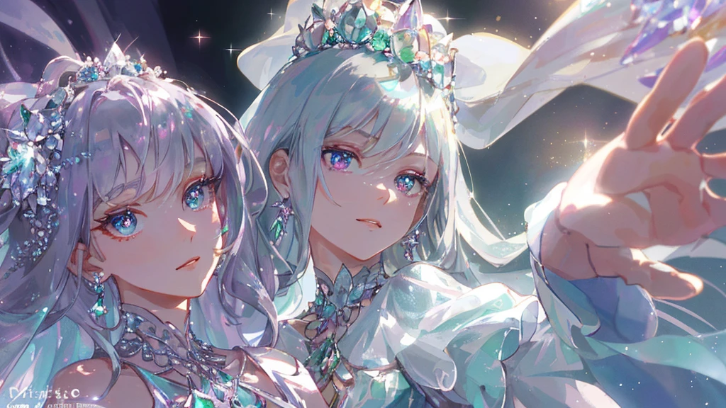 masterpiece, highest quality, figure, alexandrite eyes and hair, platinum earrings, Platinum Necklace, white dress, The Little Mermaid, cute, (dynamic lighting:1.2), cinematic lighting, delicate features, fine eyes, sharp pupils, realistic student, Depth of bounds written, Bokeh, sharp focus, (very detailed, bloom, shine:1.4), Many Small Gems