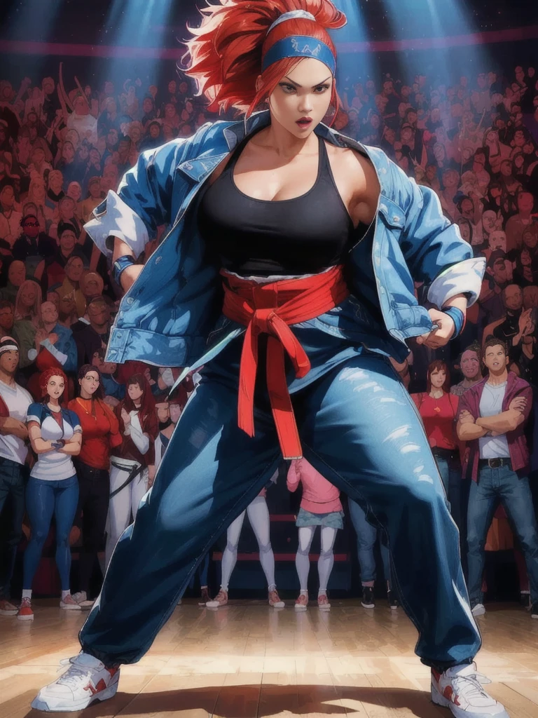 there is a woman in a blue jacket and red hair dancing, thick woman fighter, chubby woman fighter, headband, opening her jacket, fighting game character, king of fighters style, character from king of fighters, as a character in tekken, fighting stance, official artwork, high detailed official artwork, fighting game, fighting pose, powerful stance, epic digital art illustration, fight pose, she is ready to fight, fighter pose, background artwork