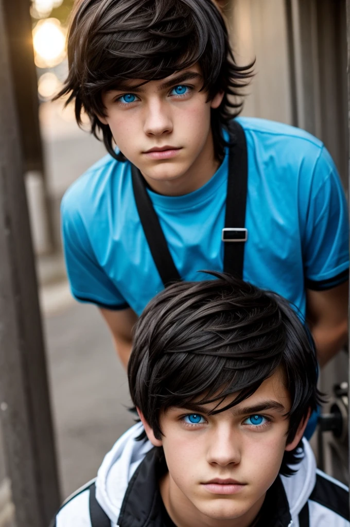 Punk teen boy with short tousled dark hair and light blue eyes 