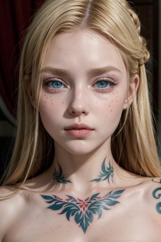 Garota blonde de 20 anos, blonde, adult, french, paris, greenish blue eyes, clear eyes, red cheeks, spots on the face, eyes large, red cheeks, red face. redgown, tatoo de dragão com borboleta nas costas, tatoo, France