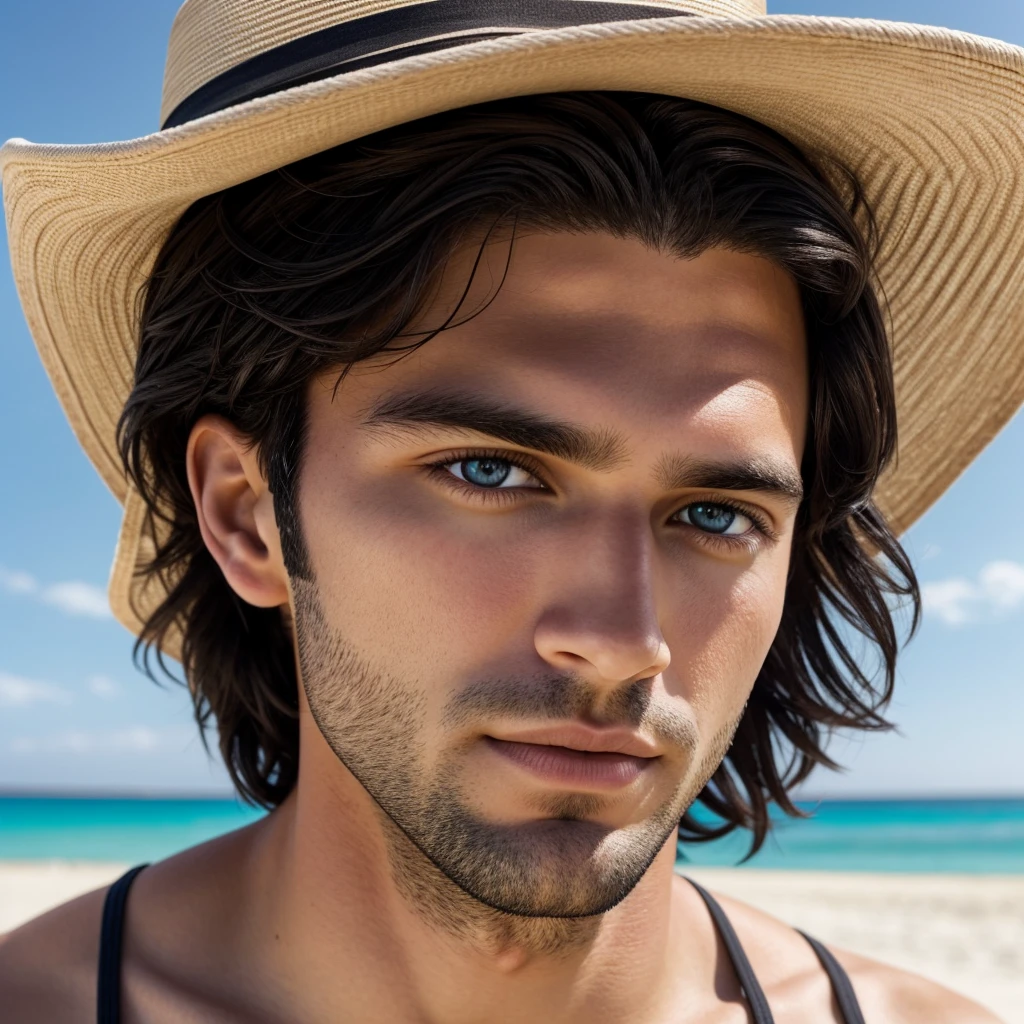 Ultrarealistic portrait high resolution 16k close up of white european man black straight hair, brown eyes, young age. high brightness, high saturation, high contrast, high sharpness.  Background of the image being a beach landscape with sunny blue sky.