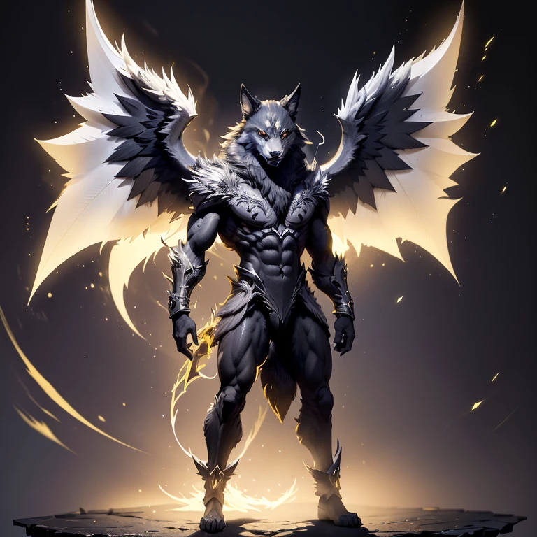 (1 wolf) full body, a standing dark gray wolf with four winged pointy ears with dark lightning energy, light yellow feathered wings, dark lightning energy around, black lightning background