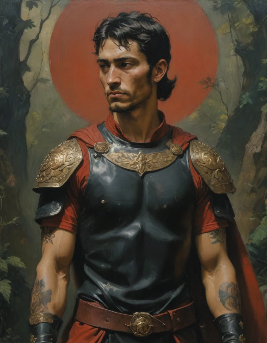Masterpiece, best quality, (by Moebius), by Théodore Géricault, a full oil painting, half body of a young male Roman soldier, brunette, bronze skin, rascal, arrogant, (((with tattoos))), wearing black and red, silken Roman uniform lorica with samurai elements, red diamond symbology. Jungle background, moth.
