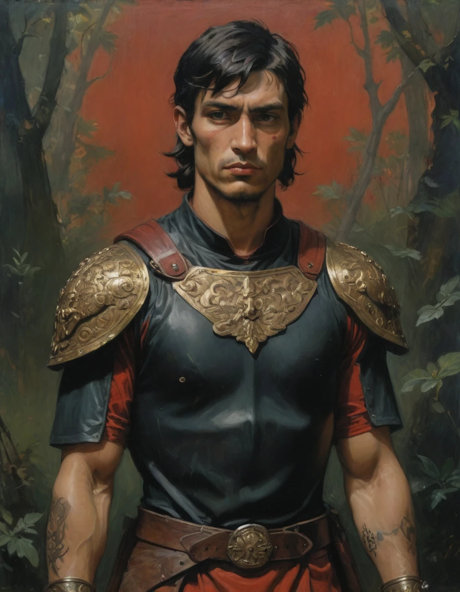 Masterpiece, best quality, (by Moebius), by Théodore Géricault, a full oil painting, half body of a young male Roman soldier, brunette, bronze skin, rascal, arrogant, (((with tattoos))), wearing black and red, silken Roman uniform lorica with samurai elements, red diamond symbology. Jungle background, moth.
