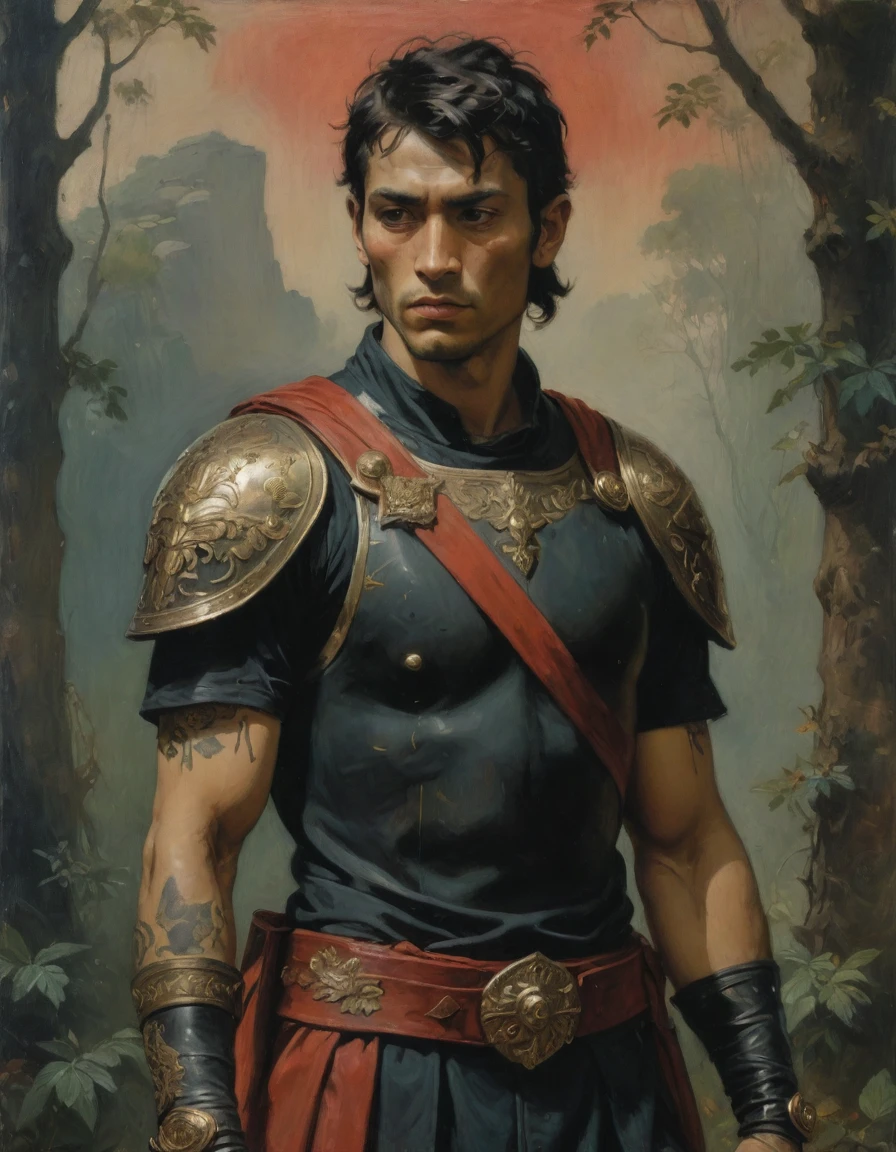 Masterpiece, best quality, (by Moebius), by Théodore Géricault, a full oil painting, half body of a young male Roman soldier, brunette, bronze skin, rascal, arrogant, (((with tattoos))), wearing black and red, silken Roman uniform lorica with samurai elements, red diamond symbology. Jungle background, moth.