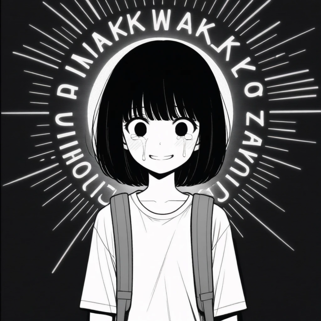 masterpiece, best quality, 1girl, mamerakkkkko, grayscale, manga style, japanese, chi no wadachi, black eyes, street, iced, black hair, schoolbag, smile, lineart, white background, white shirt, grey shorts, centered, 18 years old, tall, fair skinned, bokeh background, crying, tears, straight-on, tears streaming, bob cut, light particles, bold text above head