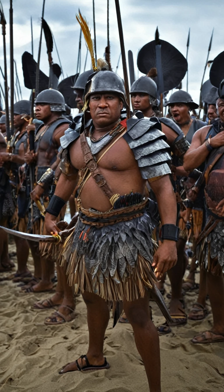 african empire and his troops, armed and ready for battle, biggest army of traditionnal soldiers standing defiantly on the shores of the leader, black men, background dark, hyper realistic, face detail, ultra detailed hyper realistic, photorealistic, Studio Lighting, reflections, dynamic pose, Cinematic, Color Grading, Photography, Shot on 50mm lens, Ultra-Wide Angle, Depth of Field, hyper-detailed, beautifully color, 8k