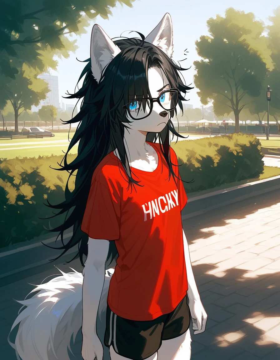 Solo, score_9,score_8_up,score_7_up, a young nerdy Anthro furry wolf woman, wolf snout, white furry body, tall and slender, long black messy hair, black hair, hair in a pony tail, hair covering one eye, black glasses, blue eyes, white wolf ears, white wolf tail, small breasts, wearing oversized red t shirt, black boy shorts, standing, outdoors, at a park, looking annoyed, one hand on her forehead shielding her face from the sun, sunny day, looking up, squinting
