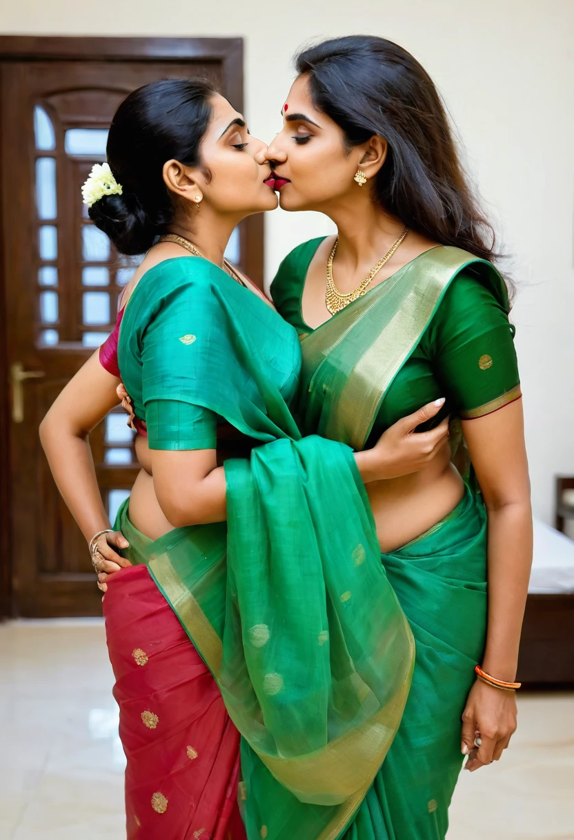 Fair skin Indian mom with 60 years of age in saree with big kissing young boy