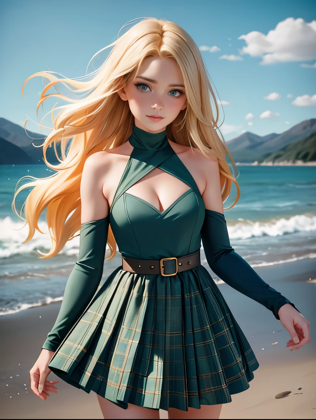 photo awarded best quality masterpiece upper body woman freckled face blonde hair blonde blown by wind emerald eyes strapless dress modern by Jeremy Lipking by Antonio J. Manzanedo by lee jeffries Nikon D850 film Stock Photography 4 camera kodak portra 400 lens f1.6 rich colors realistic texture hyper realistic dramatic lighting unreal mechanism trend on artstation cinestill 800, fisheye lens, kilt style, windy beach, Scottish loch, forest