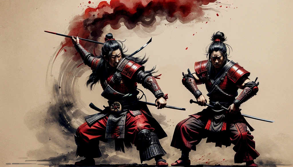 a samurai warrior wearing red and black, a Japanese-style environment, Japanese buildings, a playful combat environment, holding an epée , staring at the camera,  misty environment with dark elements