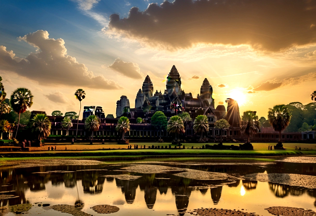 (Sunrise Time), Angkor Wat is illuminated by the sun, and ancient temple clusters awaken in the morning light. The sunlight penetrates through the crevices of the stones, adding a sense of mystery. The background is clouds in the sky, (panoramic view), Photography, award-winning, cinematic still, emotional, vignette, dynamic, vivid, (masterpiece, best quality, Professional, perfect composition, very aesthetic, absurdres, ultra-detailed, intricate details:1.3)