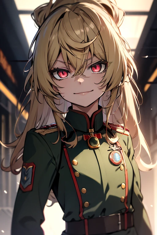 (masterpiece, best quality: 1.1), 1girl solo, tanya, 1girl, solo, , flat chest, small breasts, curvy, military, military uniform, ,, evil smile, wicked expression, anger, red eyes, neutral lighting