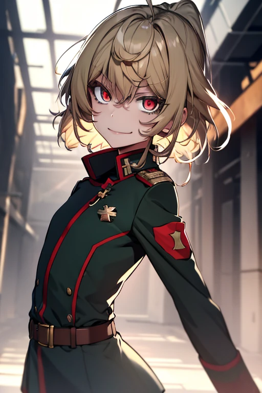 (masterpiece, best quality: 1.1), 1girl solo, tanya, 1girl, solo, , flat chest, small breasts, curvy, military, military uniform, ,, evil smile, wicked expression, anger, red eyes, neutral lighting