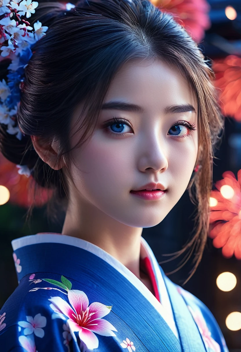 ((masterpiece, top quality, super definition, high definition)), solo, beautiful girl, shining eyes, perfect eyes, 16 years old, blue theme, yukata, fireworks, detailed face, long hair, detailed clothing, detailed background, vibrant colors, dramatic lighting, cinematic composition, ethereal, dreamlike, serene, elegant
