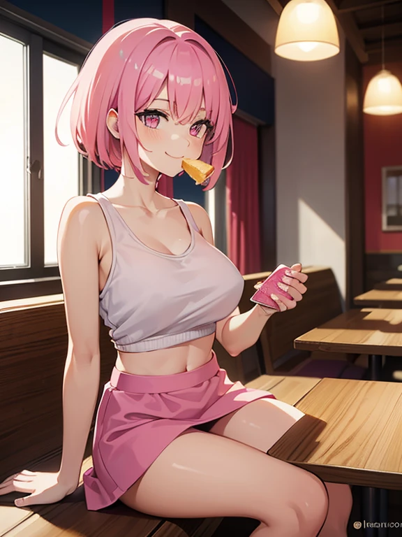 a woman, pink hair ,pink eyes, bright Eyes, mini skirt, LOW LOW SHORT TOP, skinny, sexy, short hair, Italy, EATING SITTING IN A RESTAURANT SMILING