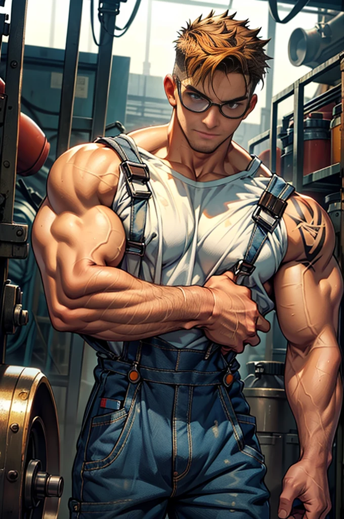 (masterpiece), best quality, expressive eyes, perfect face, 1 boy, 24 years old, Muscle Man, Bodybuilder,Have a tattoo, Open orange factory overalls, Wearing a soaked white T-shirt, Factory equipment, complete scene,factory scene,There are many objects and machines piled around,goggles