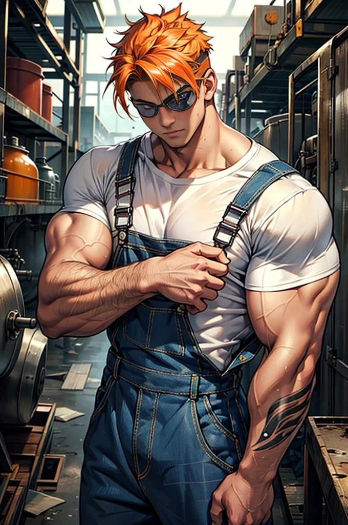 (masterpiece), best quality, expressive eyes, perfect face, 1 boy, 24 years old, Muscle Man, Bodybuilder,Have a tattoo, Open orange factory overalls, Wearing a soaked white T-shirt, Factory equipment, complete scene,factory scene,There are many objects and machines piled around,goggles