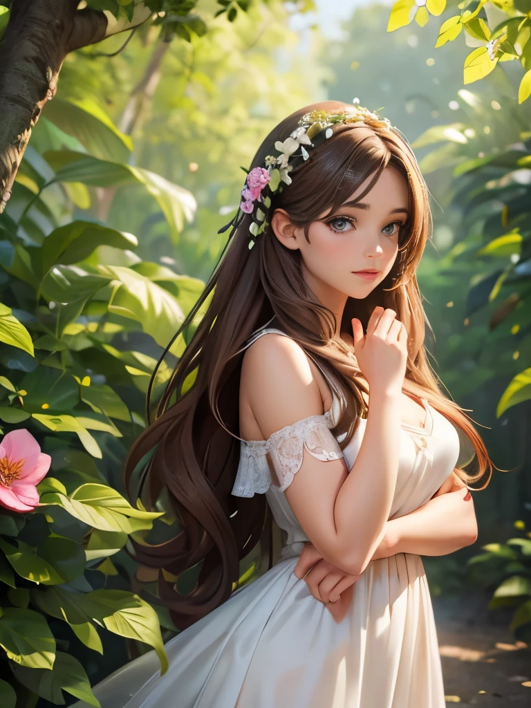a gorgeous young european woman, 23 years old, standing in a lush summer garden, wearing a flowing white dress, long wavy brown hair, beautiful detailed eyes, beautiful detailed lips, extremely detailed face and skin, longeyelashes, serene expression, sunlight dappling through the leaves, vibrant green foliage, colorful flowers, golden hour lighting, (best quality,4k,8k,highres,masterpiece:1.2),ultra-detailed,(realistic,photorealistic,photo-realistic:1.37),highly detailed,intricate details,cinematic lighting,beautiful natural scenery,natural outdoor setting,warm color palette