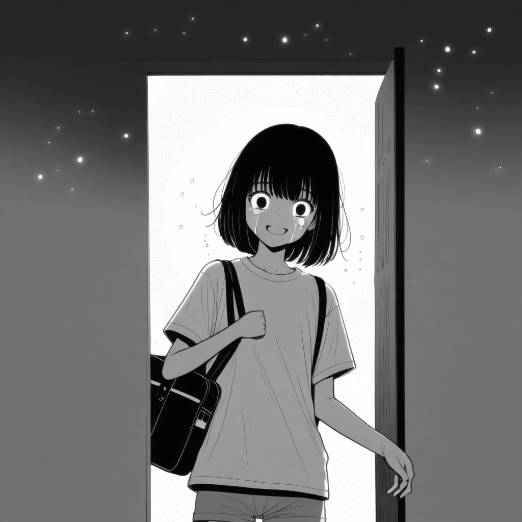 masterpiece, best quality, 1girl, mamerakkkkko, grayscale, manga style, japanese, chi no wadachi, black eyes, street, iced, black hair, schoolbag, smile, lineart, white background, white shirt, grey shorts, centered, 18 years old, tall, fair skinned, bokeh background, crying, tears, straight-on, tears streaming, bob cut, light particles, bold text above head, centered