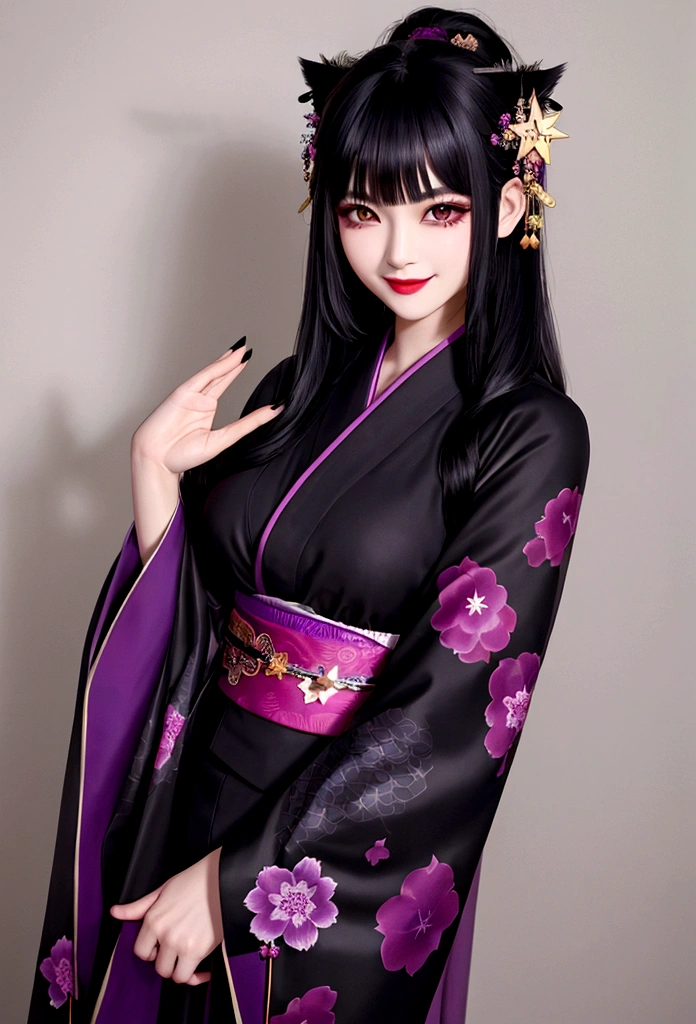 goth woman, Cute, asian, medium breasts, brown eyes, slim eyebrows, long black hair, bangs, black makeup, dark purple kimono, smiling, star pattern,