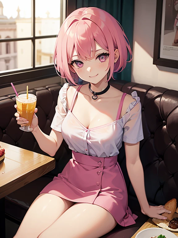 a woman, pink hair ,pink eyes, bright Eyes, mini skirt, LOW LOW SHORT TOP, skinny, sexy, short hair, Italy, EATING SITTING IN A RESTAURANT SMILING