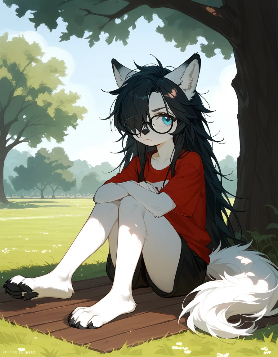 Solo, score_9,score_8_up,score_7_up, a young nerdy Anthro furry wolf woman, wolf snout, white furry body, tall body, long black messy hair, black hair, (hair in a pony tail):1.3, hair covering one eye, black glasses, blue eyes, white wolf ears, small breasts, wearing oversized red t shirt, exposed shoulder, black boy shorts, outdoors, cutely pouting, sitting under a shady tree, feet paws, 4 toes, grassy floor, legs sprawled out across the floor, arms crossed, leaning against a tree, grassy field