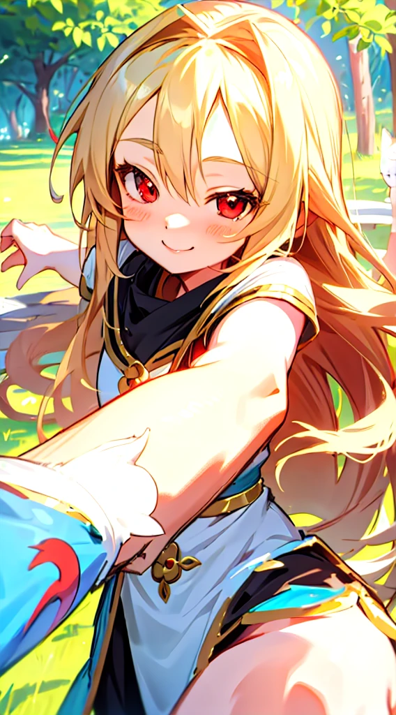 Drawing a cute goddess with captivating red eyes and flowing blonde hair. She has a beautiful smile、Winking playfully. Capture the innocence and charm of her face. Use your imagination to bring her to life on paper.. Surrounding her, Adorable creatures such as fairies and small animals are flying around, Consider her your protector. This Lolidess is the guardian of happiness and fascination., Who meets her々Bring joy to.