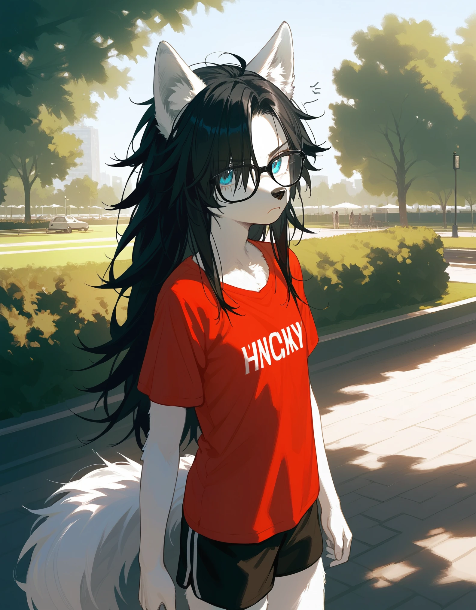 Solo, score_9,score_8_up,score_7_up, a young nerdy Anthro furry wolf woman, wolf snout, white furry body, tall and slender, long black messy hair, black hair, hair in a pony tail, hair covering one eye, black glasses, blue eyes, white wolf ears, white wolf tail, small breasts, wearing oversized red t shirt, black boy shorts, standing, outdoors, at a park, looking annoyed, one hand on her forehead shielding her face from the sun, sunny day, looking up, squinting