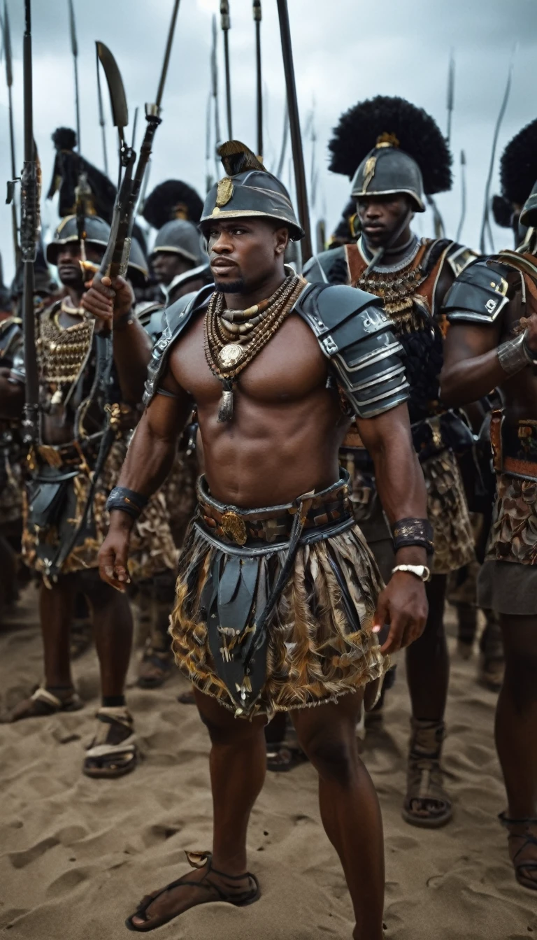 african empire and his troops, armed and ready for battle, biggest army of traditionnal soldiers standing defiantly on the shores of the leader, black men, background dark, hyper realistic, face detail, ultra detailed hyper realistic, photorealistic, Studio Lighting, reflections, dynamic pose, Cinematic, Color Grading, Photography, Shot on 50mm lens, Ultra-Wide Angle, Depth of Field, hyper-detailed, beautifully color, 8k