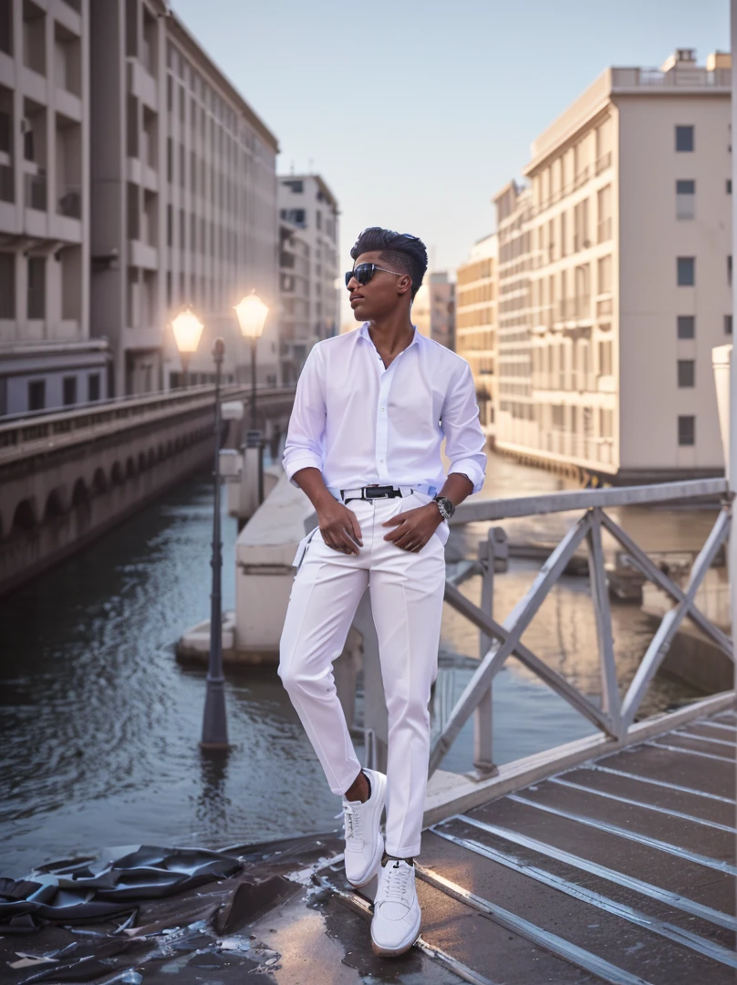 there is a man standing on a bridge with his hands in his pockets, casual photography, full body photogenic shot, with a cool pose, shot on nikon z9, shot on canon eos r5, shot on canon eos r 5, cinematic outfit photo, stylish pose, candid picture, mohamed chahin style, photo taken with canon 5d, cool pose