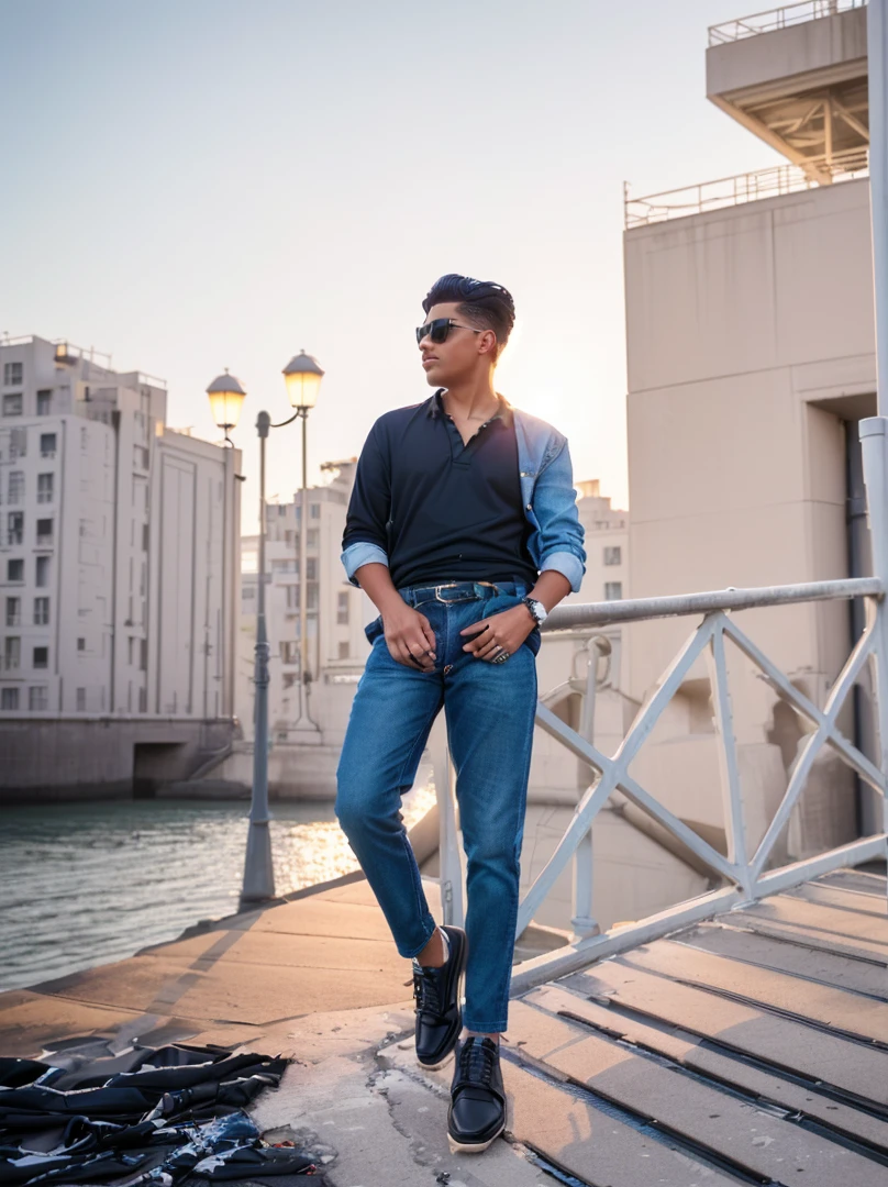 there is a man standing on a bridge with his hands in his pockets, casual photography, full body photogenic shot, with a cool pose, shot on nikon z9, shot on canon eos r5, shot on canon eos r 5, cinematic outfit photo, stylish pose, candid picture, mohamed chahin style, photo taken with canon 5d, cool pose