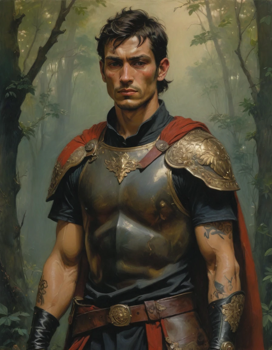 Masterpiece, best quality, (by Moebius), by Théodore Géricault, a full oil painting, half body of a young male Roman soldier, brunette, bronze skin, rascal, arrogant, (((tattoos))), wearing black and red, silken Roman uniform lorica with samurai elements, red diamond symbology. Jungle background, moth.
