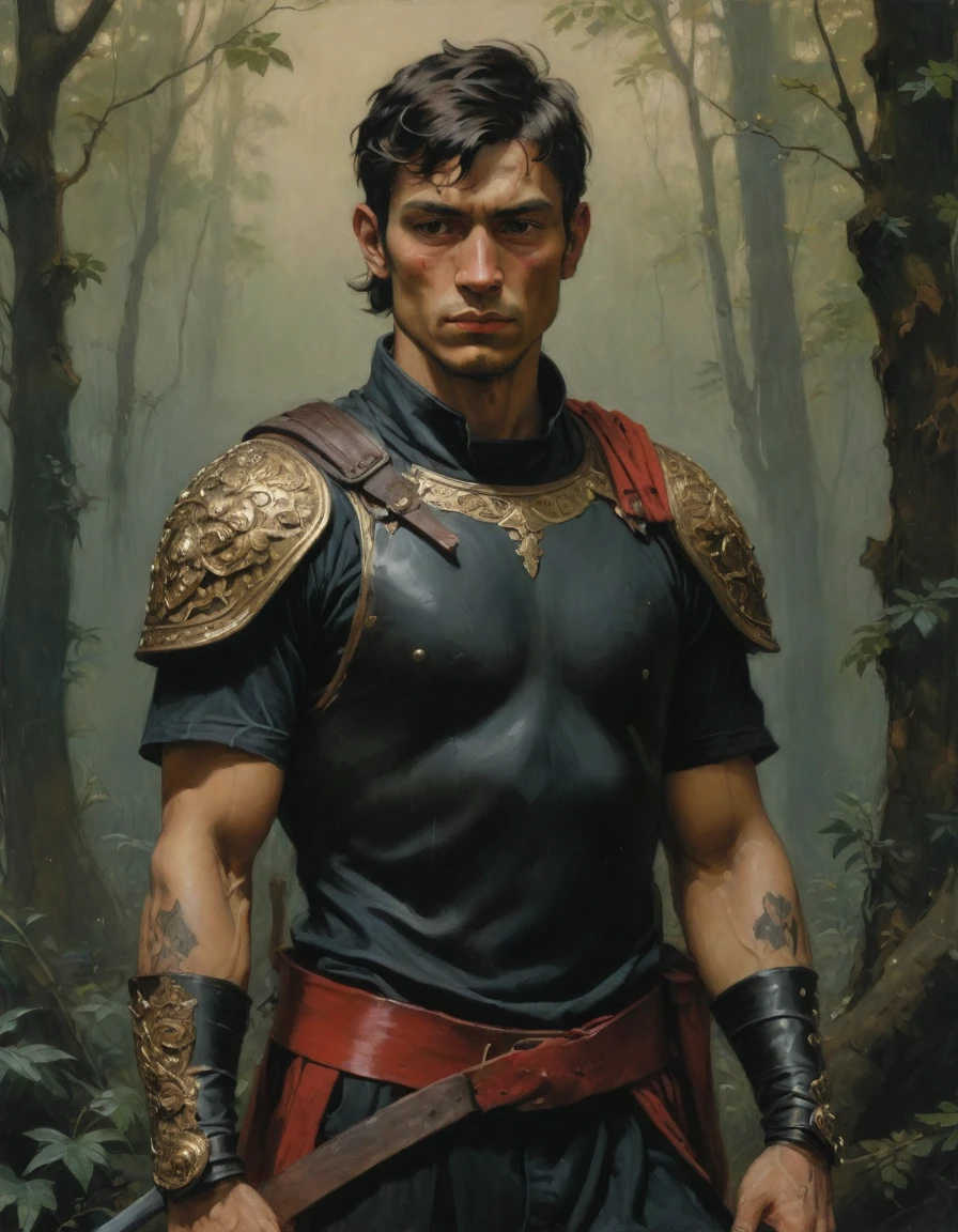 Masterpiece, best quality, (by Moebius), by Théodore Géricault, a full oil painting, half body of a young male Roman soldier, brunette, bronze skin, rascal, arrogant, (((tattoos))), wearing black and red, silken Roman uniform lorica with samurai elements, red diamond symbology. Jungle background, moth.