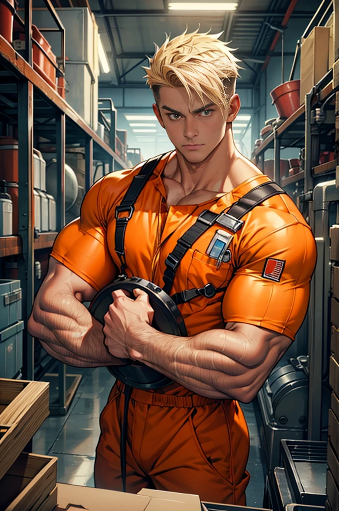 (masterpiece), best quality, expressive eyes, perfect face, 1 boy, 24 years old, Muscle Man, Bodybuilder,Have a tattoo, Open orange industrial jumpsuit, Wearing a soaked white T-shirt, Factory equipment, complete scene,factory scene,There are many objects and machines piled around,goggles