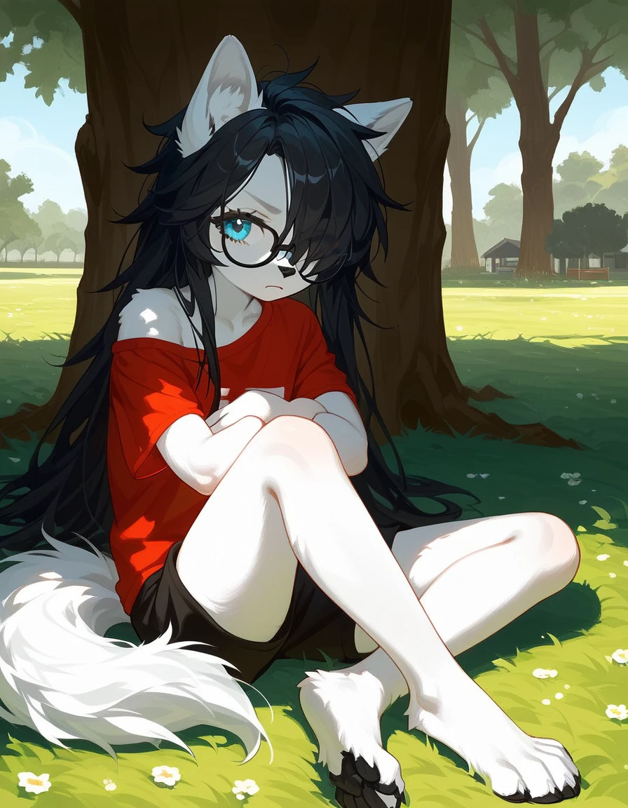 Solo, score_9,score_8_up,score_7_up, a young nerdy Anthro furry wolf woman, wolf snout, white furry body, tall body, long black messy hair, black hair, (hair in a pony tail):1.3, hair covering one eye, black glasses, blue eyes, white wolf ears, small breasts, wearing oversized red t shirt, exposed shoulder, black boy shorts, outdoors, cutely pouting, sitting under a shady tree, feet paws, 4 toes, grassy floor, legs sprawled out across the floor, arms crossed, leaning against a tree, grassy field