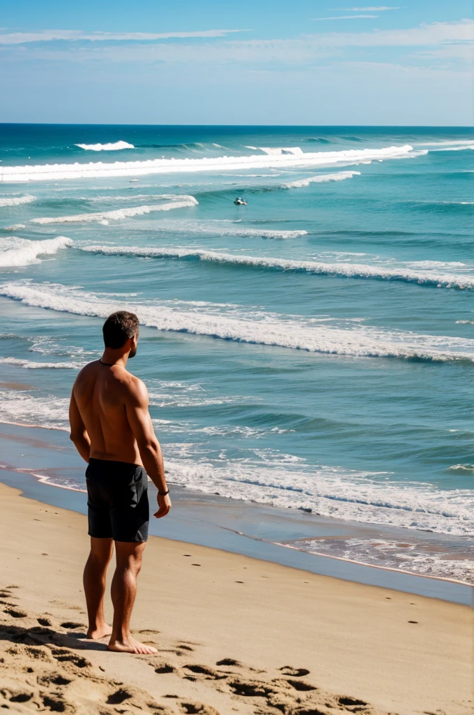 view of a 45 year old man, on the beach with a naked, wet body on top of a rock with tanned and burnt buttocks firmly on display, chubby and short hair,