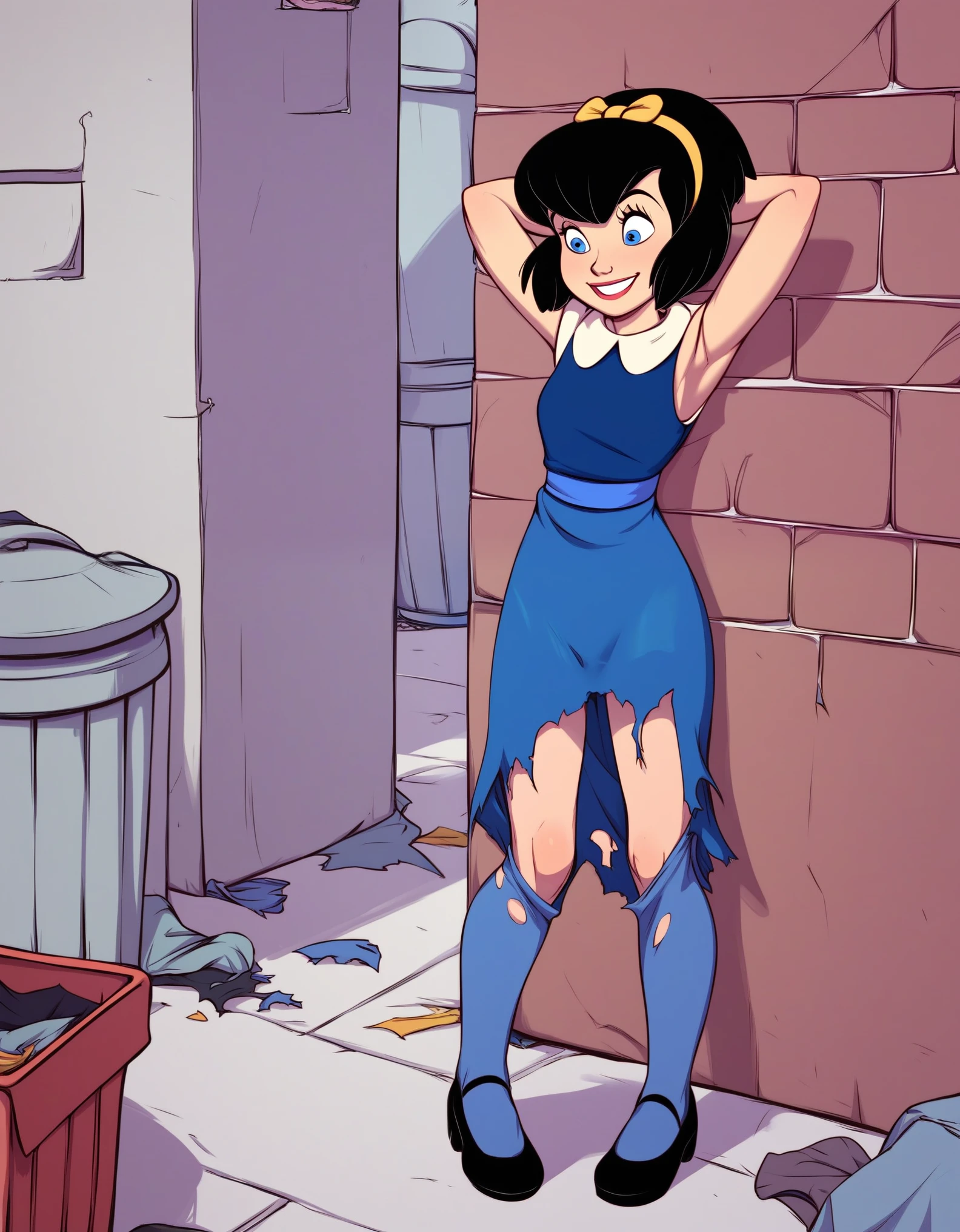 rating_explicit, score_9, score_8, score_7, BREAK, female, anne-marie, black hair, hairband, blue eyes, hands behind head, smile, outdoors, back alley, trash can, dress, torn dress, ripped dress