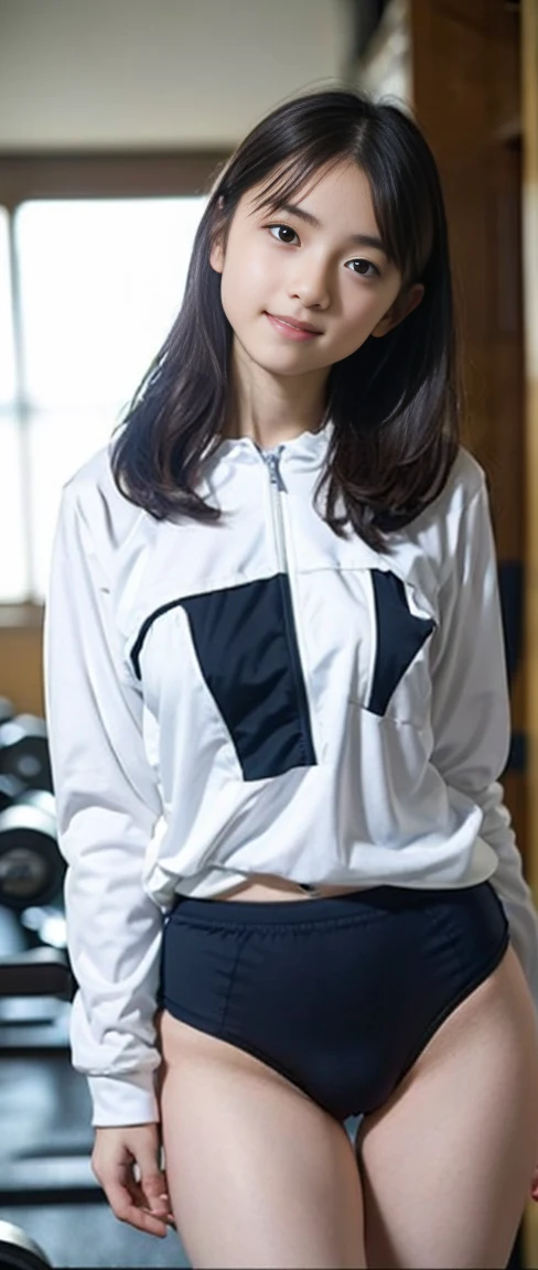 NSFW, (masterpiece, Highest quality:1.2), 8K, Young and beautiful girl, 85mm,Official AR RAW Photos, (), ((Small face)), ((Big Breasts))、(Show me your boobs), Detailed nipples, Show me your ears、photo shoot, Cute face, Thighs, Classroom after school, Looking at the audience, Embarrassing、smile、No makeup, Film Grain, chromatic aberration, Sharp focus, Face Light, Bright lighting, 10 generations, Detailed face, Background blur、((((((14 years rrow waist、((Long sleeve open front jersey, Gym suit)Navy Navy Bloomers)), Spread your legs